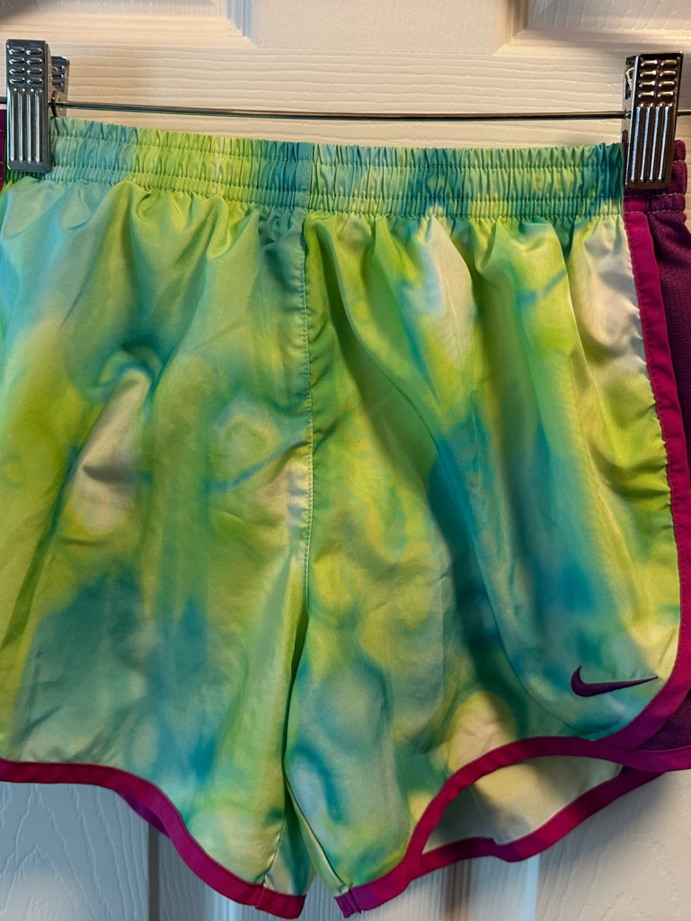 Nike Girls Tie-Dye Green Blue Athletic Shorts with Magenta Trim
